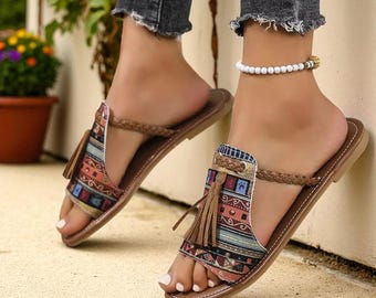 Earthy Boho Sandals for Women - Classy Summer Slip-Ons with Tassel design| Stylish boho sandals| Neutral shade Sandals | Holiday Essentials