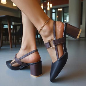 Slingback-damesschoenen met halfhoge hak – Tweekleurige, puntige schoenen voor kantoor, bruiloft en geklede outfits | 4 klassieke tinten groen, zwart, bruin, wit