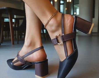 Slingback-Schuhe mit mittelhohem Absatz für Damen - zweifarbige, spitze Schuhe für Büro, Hochzeit und elegante Outfits | 4 Klassische Töne Grün, Schwarz, Braun, Weiß