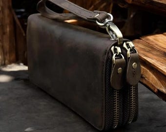 Genuine Cowhide Leather Purse Wallet- Vintage Purse with Double Zipper ideal for multiple Cards and cash- Vintage Woman and Men Purse Wallet