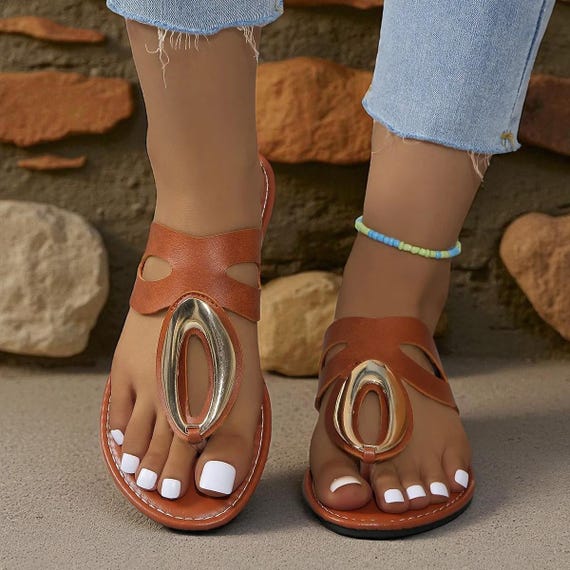 Trending Women’s Summer Sandals–Elegant Flat Slip-On with Gold Detail,Open Toe Vacation Shoes, Available in Vibrant Summer Colors, Beachwear