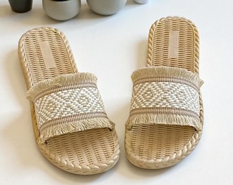 Women's Boho Tassel Slippers | Minimalist Summer Flats | Ethnic Beach Sandals | Bohemian Vacation Shoes | Trending Slip-On Casual Sandals