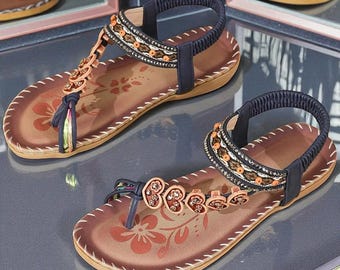 Bohemian Beaded Flip-Flops – Floral Tan Sandals for Women | Summer Shoes with Leather Look Design | Holiday Sandals | Trendy Style Footwear