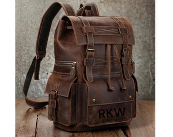 Personalized Men Leather Backpack, Vintage Leather Rucksack, Brown Leather Hipster Backpack, Travel Bag, gifts for him her, 17" Laptop