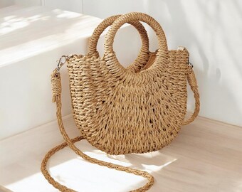 Bohemian Summer Rattan Bag – Large Capacity Straw Crossbody in Half-Moon Style | Straw Shoulder Purse for Summer & Beach Days |