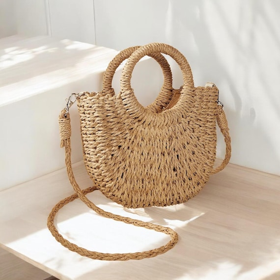 Sac En Paille Pour Femme - Bandoulière Boho Style Main - Sac De Plage Été - Voyage, Date Et Vacances - Tissu Naturel Et Doublure Polyester