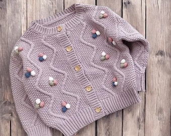Girls Knitted Cardigan Colorful Outer Wear Casual with Colorful bobble woollen design