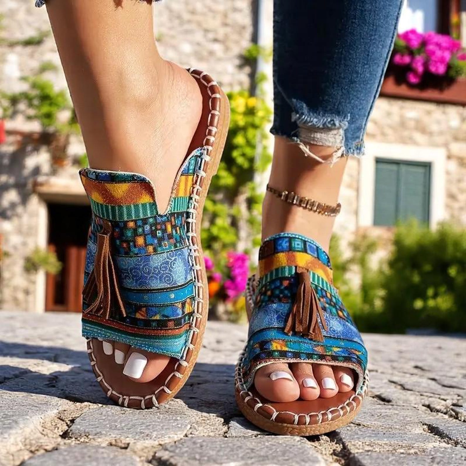 Summer Boho National Style Wave Colorful Pom Sandals main image 1