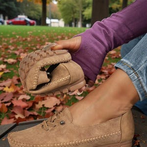 Puede incluir: Mocasines color beige con aspecto de ante, con costuras y suelas de goma. Los zapatos tienen cordones y un peque&ntilde;o elemento met&aacute;lico decorativo. Uno de los zapatos est&aacute; doblado, mostrando su flexibilidad. El fondo muestra hojas de oto&ntilde;o.