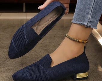 Women’s Knit Loafers – Comfortable Slip-On Flats with Low Gold Heel, Stylish Everyday Shoes, Available in Multiple Colors, Work wear Loafers