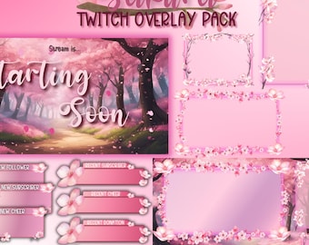 May include: A digital Sakura Twitch overlay pack with a pink and white floral theme. The pack includes a "Starting Soon" screen, chat boxes, and various notification bars. The design features cherry blossom imagery and the text "Sakura Twitch Overlay Pack".