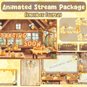 May include: Animated stream package overlay with a honeybee theme. The overlay features a cartoon illustration of a wooden cabin with honey jars, bees, and flowers. The text "Stream is... Starting Soon" is displayed on the overlay. Other elements include a "Games", "About Me", "New Cheer", "New Follow", and "Contact" panels.