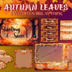 Op de afbeelding: Een digitaal kunstpakket met een herfstthema, met een bosscène en verschillende overlay-elementen. Het pakket bevat panelen voor "About Me", "FAQ", "Emotes" en "Discord", samen met chat- en abonneemeldingen. Het kleurenpalet is warm, met oranje en bruine tinten.