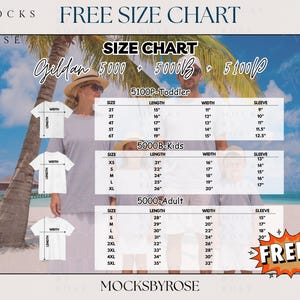 May include: A size chart for Gildan 5000, 5000B, and 5100P t-shirts. The chart includes measurements for toddler, kids, and adult sizes, with length, width, and sleeve dimensions in inches. The image also includes the text "FREE!"