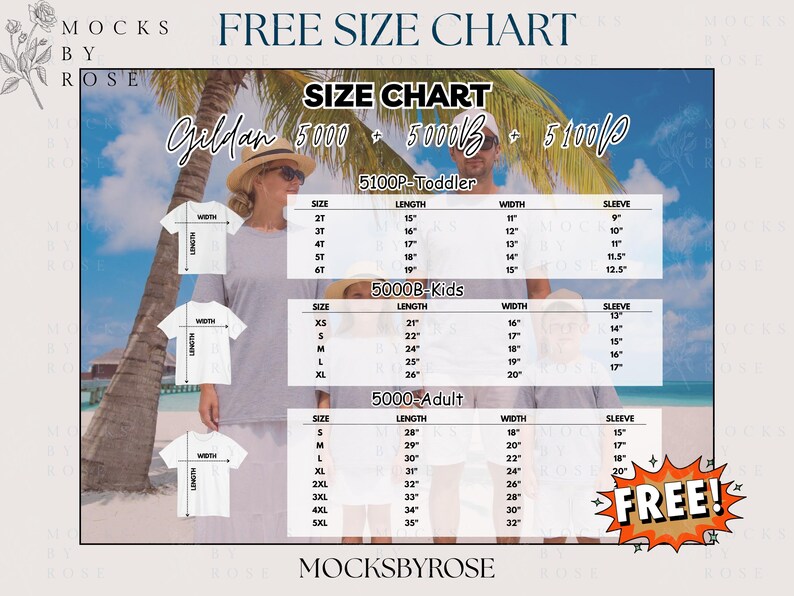 May include: A size chart for Gildan 5000, 5000B, and 5100P t-shirts. The chart includes measurements for toddler, kids, and adult sizes, with length, width, and sleeve dimensions in inches. The image also includes the text "FREE!"