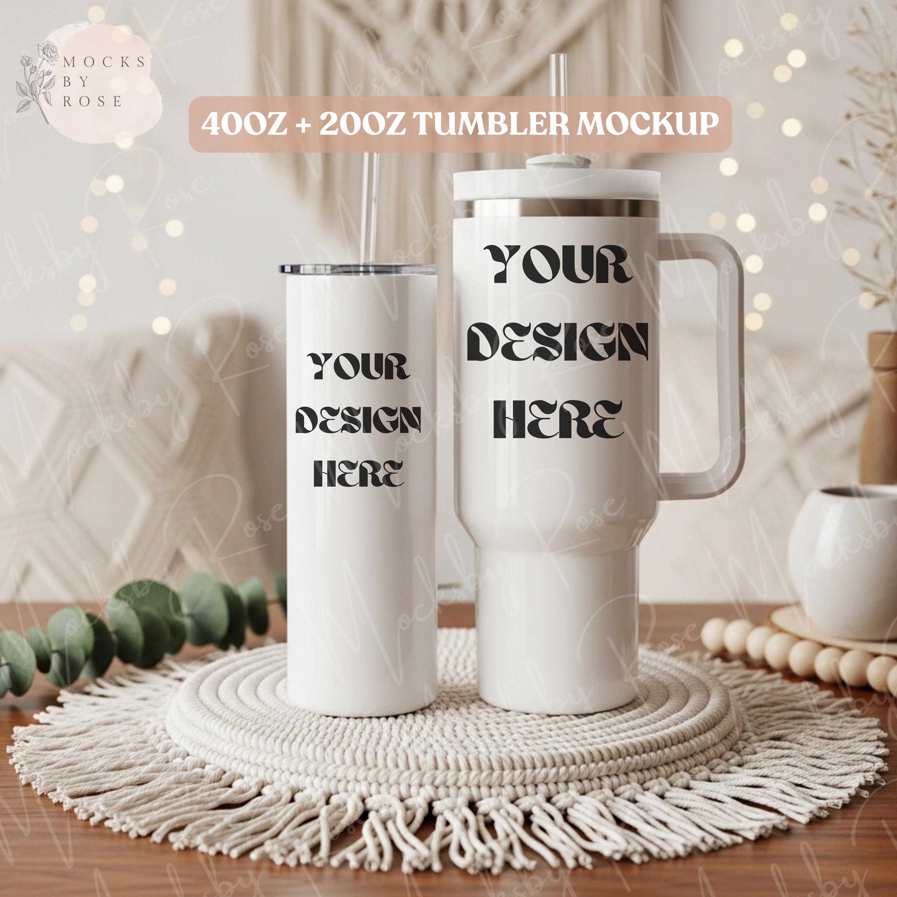 40oz & 20oz White Tumbler Mockup | White Skinny Tumbler Mockup | Boho Aesthetic Tumbler Mockup | Print on Demand ICP Tumbler Mockups POD