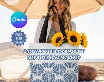 All Over Print Tote Bag Canva Transparent PNG Mockups| Aesthetic Coastal Beach Themed AOP Tote Bag Mockups | Printify POD Tote Mockups