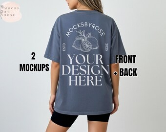 Comfort Colors 1717 DENIM Front and Back Mockup, CC1717 Oversized Tshirt Mockup, Trendy 1717 Shirt Mockup, Denim Blue CC1717 Shirt Mockup