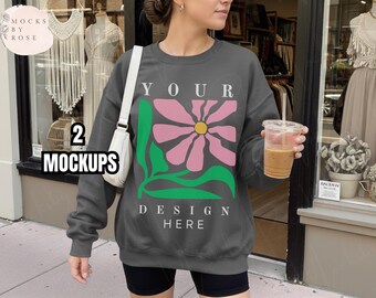Gildan 18000 Charcoal Sweatshirt Mockup Charcoal Sweater Model Mockup Aesthetic Trendy Lifestyle 18000 Mockup Printify Gildan 18000 Crewneck