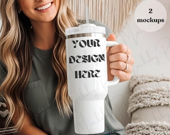 40oz White Insulated Tumbler Mockup Stainless Steel Travel Mug Mockup Boho Aesthetic Tumbler Mockup Print on Demand Tumbler Mockup POD JPEG