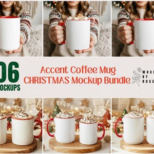 以下が含まれることがあります： 赤色の内側とハンドルが付いた白いアクセントコーヒーマグが、クリスマスのモックアップバンドルで紹介されています。マグカップは、さまざまなホリデーをテーマにした装飾とトッピングで表示されます。「Accent Coffee Mug CHRISTMAS Mockup Bundle」というテキストが表示されています。