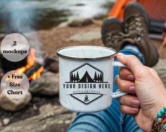 Printify 12oz Enamel Camping Mug Generic Brand Mockup, Nature Camping Hiking Forest Themed Stainless Steel Camping Coffee Mug Mockups POD