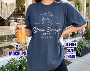 Comfort Colors 1717 DENIM Color Tshirt Mockup, CC1717 Oversized Tee Mockup, Trendy Boho Shirt Mockup, Denim Blue Crewneck Shirt Mockup POD