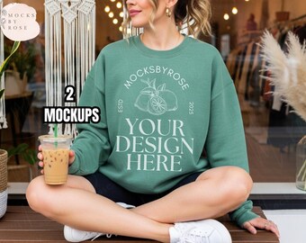 Comfort Color 1566 LIGHT GREEN Sweatshirt Mockup Light Green Sweater Model Mockup Aesthetic Trendy Lifestyle CC1566 Mockup Comfort Color