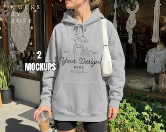 Gildan 18500 SPORT GREY Hooded Sweatshirt Mockup Sport Grey Hoodie Model Mockup Aesthetic Trendy Lifestyle Mockup Gildan 18500 Hoodie Mockup