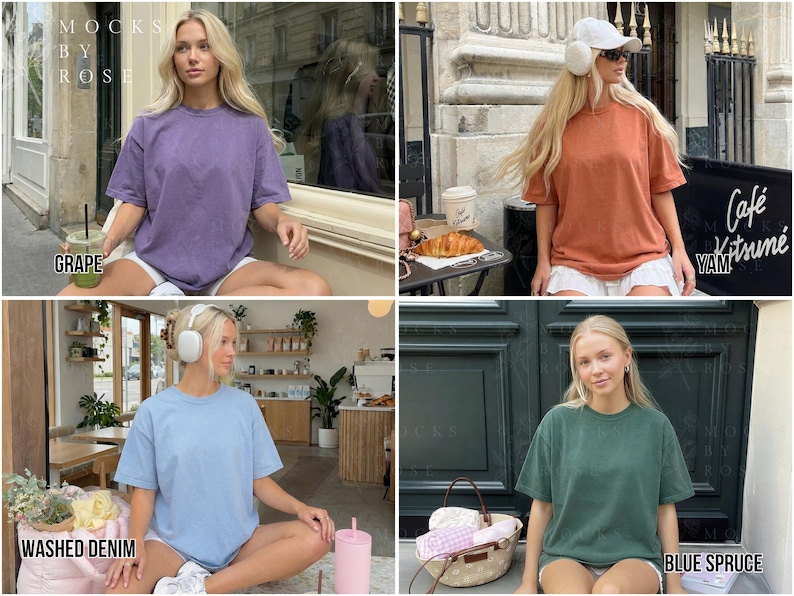 May include: Four oversized t-shirts in different colors: grape, rust, washed denim, and blue spruce. Each shirt has a crew neck and short sleeves. The shirts are displayed on a person sitting down. The text "MOCKS BY ROSE" is at the top left.