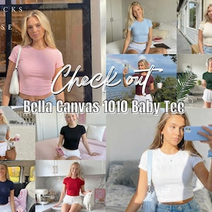 Puede incluir: Un collage de im&aacute;genes que muestran una variedad de camisetas Baby Tee Bella Canvas 1010 en diferentes colores. Las im&aacute;genes presentan las camisetas en rosa, azul, blanco, negro, gris y rojo. El texto "Check out" y "Bella Canvas 1010 Baby Tee" son visibles.
