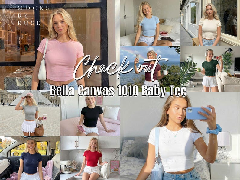Puede incluir: Un collage de im&aacute;genes que muestran una variedad de camisetas Baby Tee Bella Canvas 1010 en diferentes colores. Las im&aacute;genes presentan las camisetas en rosa, azul, blanco, negro, gris y rojo. El texto "Check out" y "Bella Canvas 1010 Baby Tee" son visibles.