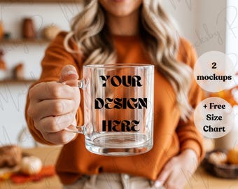 Printify 10oz Glass Mug Mockup | Generic Brand Glass Mug Mockup | Boho Cozy Autumn Fall Clear Glass Mug Mockup | POD Glass Coffee Mug Mockup