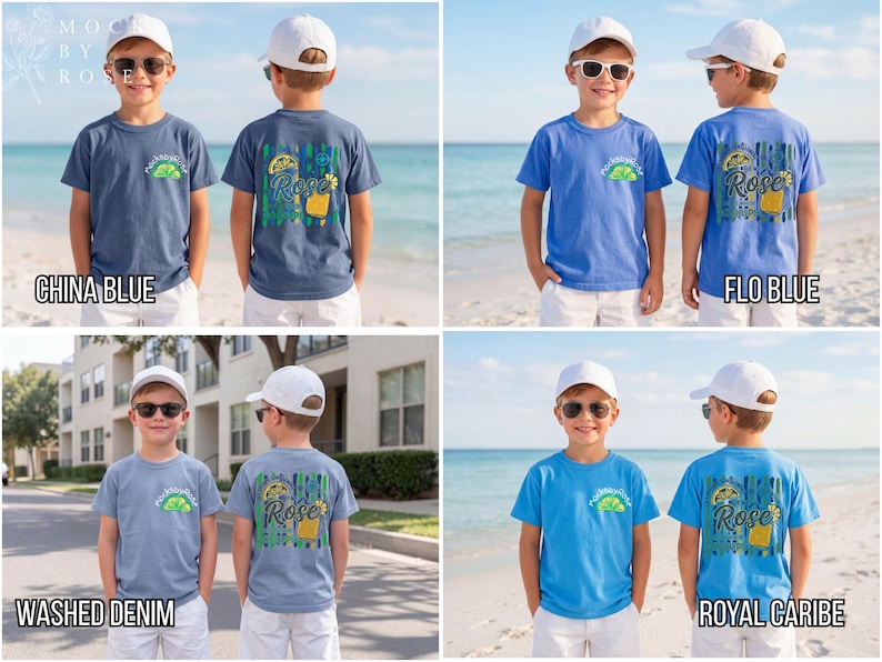 May include: Four short-sleeved t-shirts in shades of blue are displayed. Each shirt features a graphic on the front and back. The back graphics include the word "Rose" and a cocktail design. The shirts are labeled "China Blue", "Flo Blue", "Washed Denim", and "Royal Caribe".