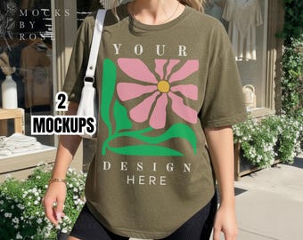 Bella Canvas 3001 HEATHER OLIVE Tshirt Mockup Unisex Jersey Short Sleeve Tee Oversized Mockup Trendy Lifestyle Shirt Mockup Aesthetic Mockup