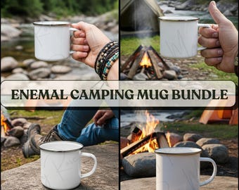 Printify 12oz Enamel Camping Mug Generic Brand Mockup Bundle, Nature Camping Forest Themed Stainless Steel Camping Coffee Mug Mockups POD