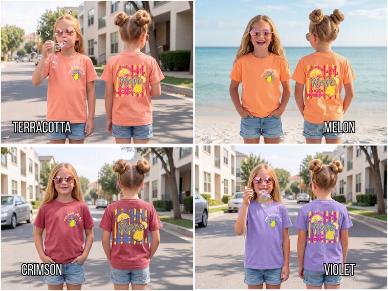 May include: Four t-shirts in terracotta, melon, crimson, and violet. Each shirt has a graphic on the front and back. The back graphic says "Rose" with a lemon and palm tree design. The shirts are worn by young girls with sunglasses.