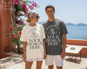 Comfort Colors Pepper & Ivory 1717 T-shirt Mockups, Beach Summer Vacation Couple Shirt Mockup, Unisex Oversized Matching Shirt Mock-ups