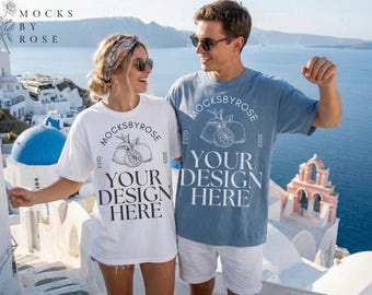 Comfort Colors Blue Jean & White 1717 T-shirt Mockups, Beach Summer Vacation Couple Shirt Mockup, Unisex Oversized Matching Shirt