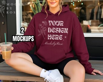 Gildan 18500 MAROON Hooded Sweatshirt Mockup Maroon Red Hoodie Model Mockup Aesthetic Trendy Lifestyle Gildan 18500 Hoodie Mockup