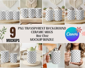 Ceramic Mug 11oz & 15oz Mockups Bundle | Canva PNG White Ceramic Mug Mockups | Trendy Boho White Coffee Mug Mockup Generic Brand Mug Mockups