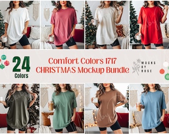 May include: A mockup bundle showcasing various Comfort Colors 1717 t-shirts in different colors. The image displays a variety of t-shirt colors, including white, red, and blue. The text on the image reads "24 Colors" and "CHRISTMAS Mockup Bundle".