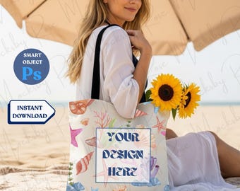 All Over Print Tote Bag PSD Mockups| Aesthetic Coastal Beach Themed AOP Tote Bag Mockups | Printify POD Tote Mockups | Print-on-Demand Tote