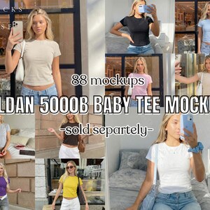 May include: A mockup featuring a variety of Gildan 5000B baby tees in different colors, worn by models. The image includes text that reads "88 mockups" and "GILDAN 5000B BABY TEE MOCKUP - sold separately-".