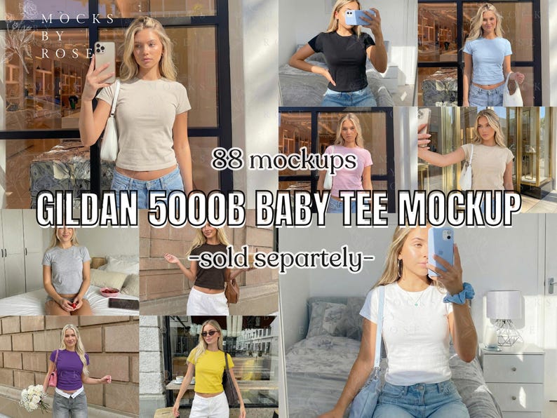 May include: A mockup featuring a variety of Gildan 5000B baby tees in different colors, worn by models. The image includes text that reads "88 mockups" and "GILDAN 5000B BABY TEE MOCKUP - sold separately-".