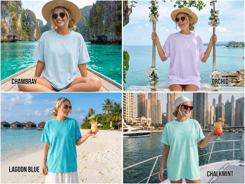 May include: Four images showcasing women wearing oversized t-shirts in various colors: Chambray, Orchid, Lagoon Blue, and Chalkmint. Each shirt has a relaxed fit and short sleeves. The women are in outdoor settings, with tropical and coastal backgrounds.