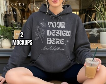 Moletom com capuz Gildan 18500 DARK HEATHER Mockup Moletom com capuz Dark Heather Mockup Estético Estilo de vida moderno Gildan 18500 Mockup