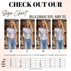 Puede incluir: Tabla de tallas para una camiseta de beb&eacute; Bella Canvas 1010, con medidas en pulgadas. La tabla incluye tallas XS a 2XL, con una modelo que usa XS-S. La modelo mide 165 cm, pesa 54 kg y tiene 86 cm de busto. El texto dice "CHECK OUT OUR Size Chart".