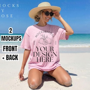 May include: A light pink t-shirt mockup with the text "YOUR DESIGN HERE" and a circular logo featuring lemons. The image also includes the text "MOCKS BY ROSE" and "2 MOCKUPS FRONT + BACK". The model is wearing sunglasses and a straw hat.