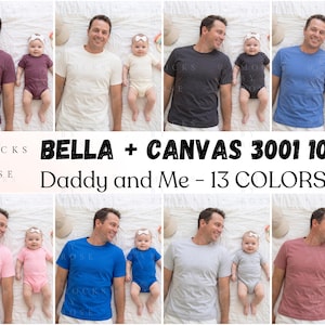Può includere: Un mockup di prodotto con un uomo e un bambino con magliette e body abbinati in vari colori. Il testo "BELLA + CANVAS 3001 100B" e "Daddy and Me - 13 COLORI" è visibile. L'immagine è un mockup di prodotto.